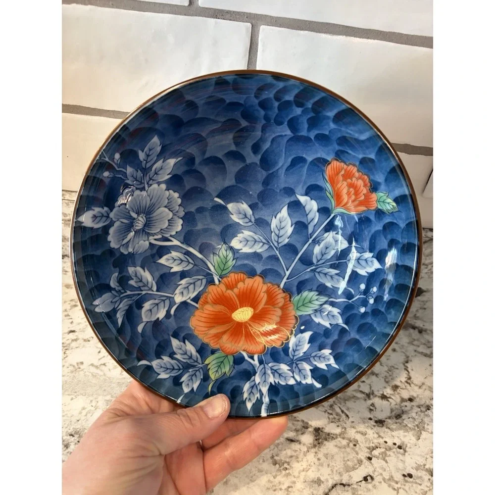 Japanese Mino Ware Bowl Ceramic hand, painted blue white floral